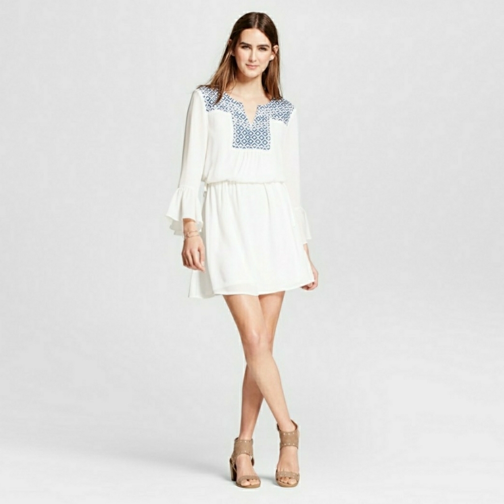Eclair White Embroidered Ruffle Sleeve Dress
